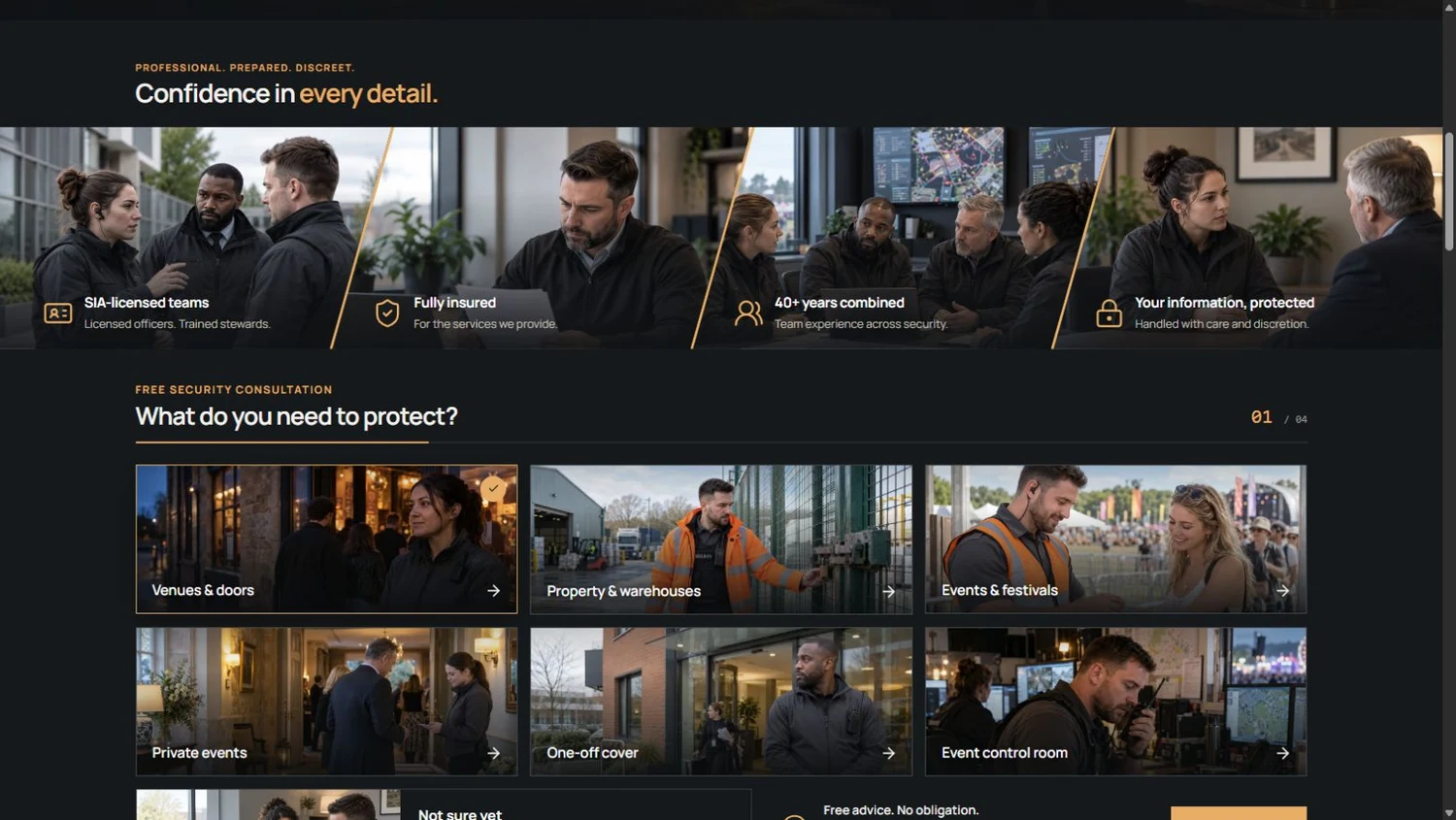 Screenshot of the client website’s image-led security consultation with service choices