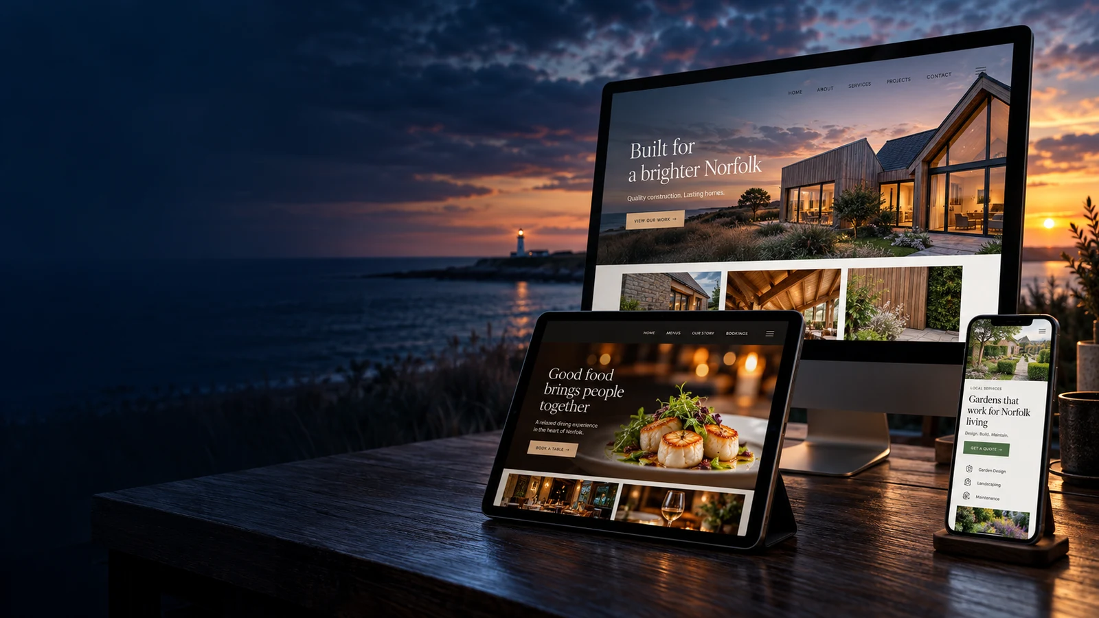 Original website concepts on desktop, tablet and phone in an atmospheric coastal studio scene