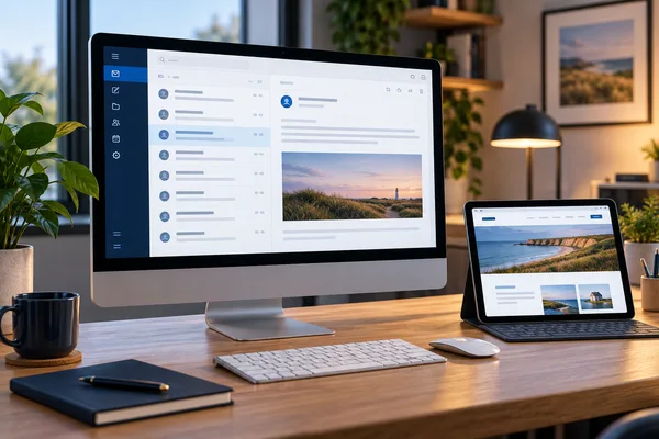 Business email interface and website on desktop devices