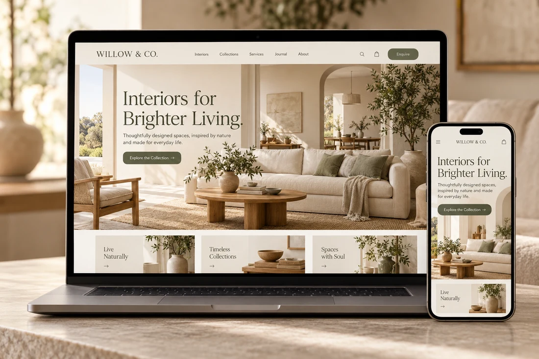 Willow and Co fictional interiors website on desktop and phone