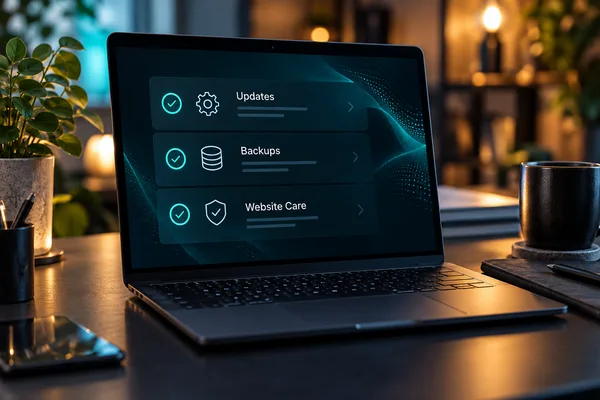 Website maintenance and backup dashboard on a laptop