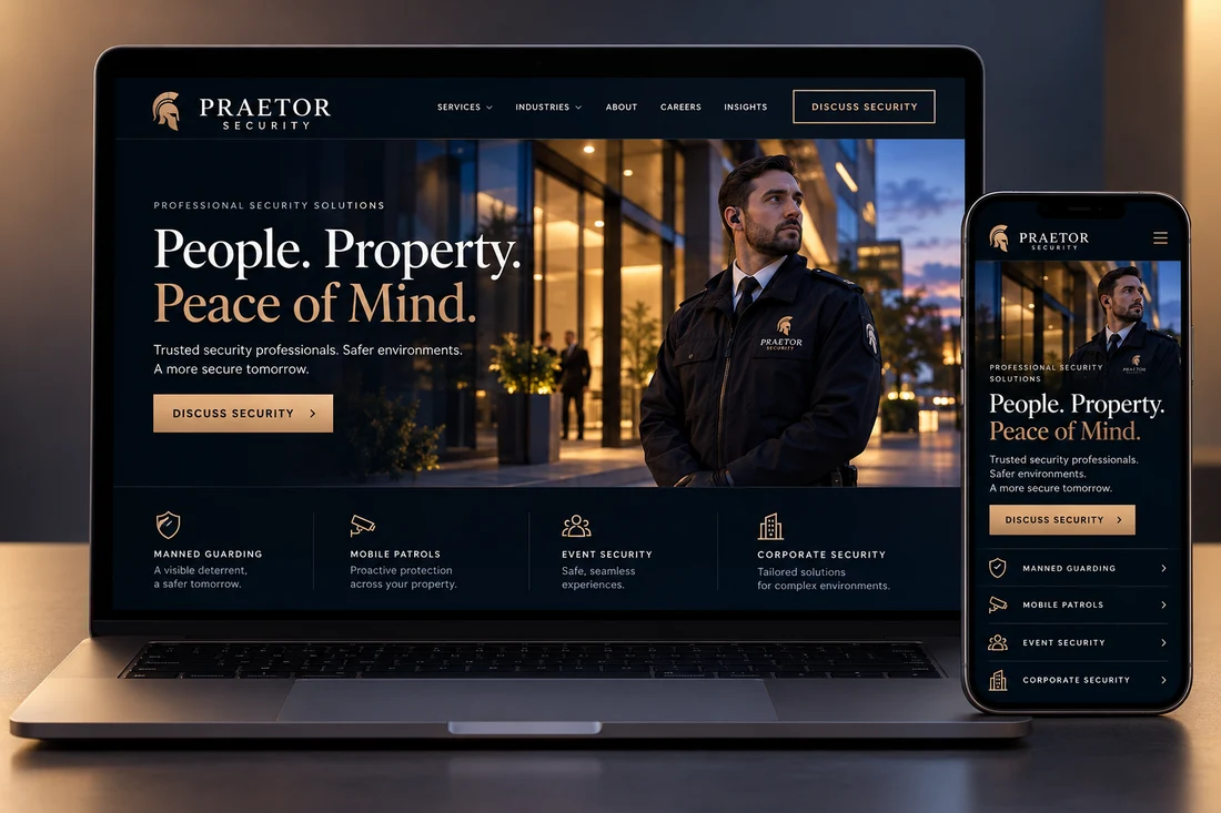 Praetor Security fictional website on desktop and phone