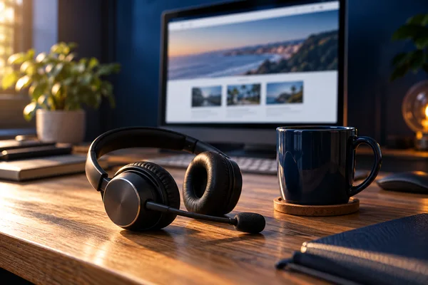 A headset on a welcoming studio desk