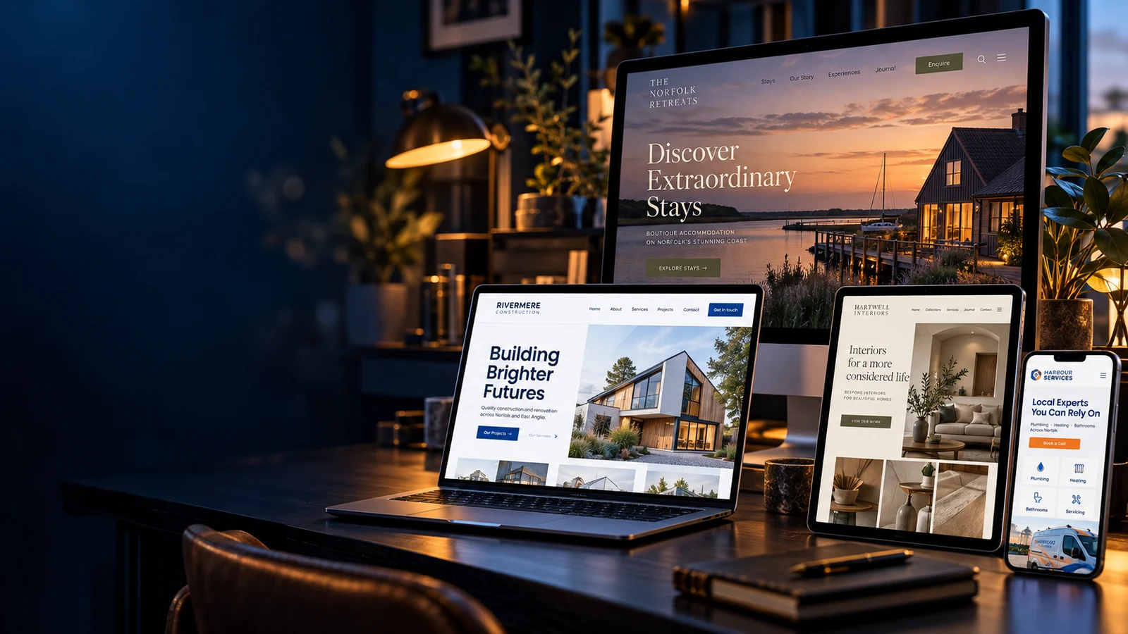 Distinctive fictional website concepts on desktop and mobile devices